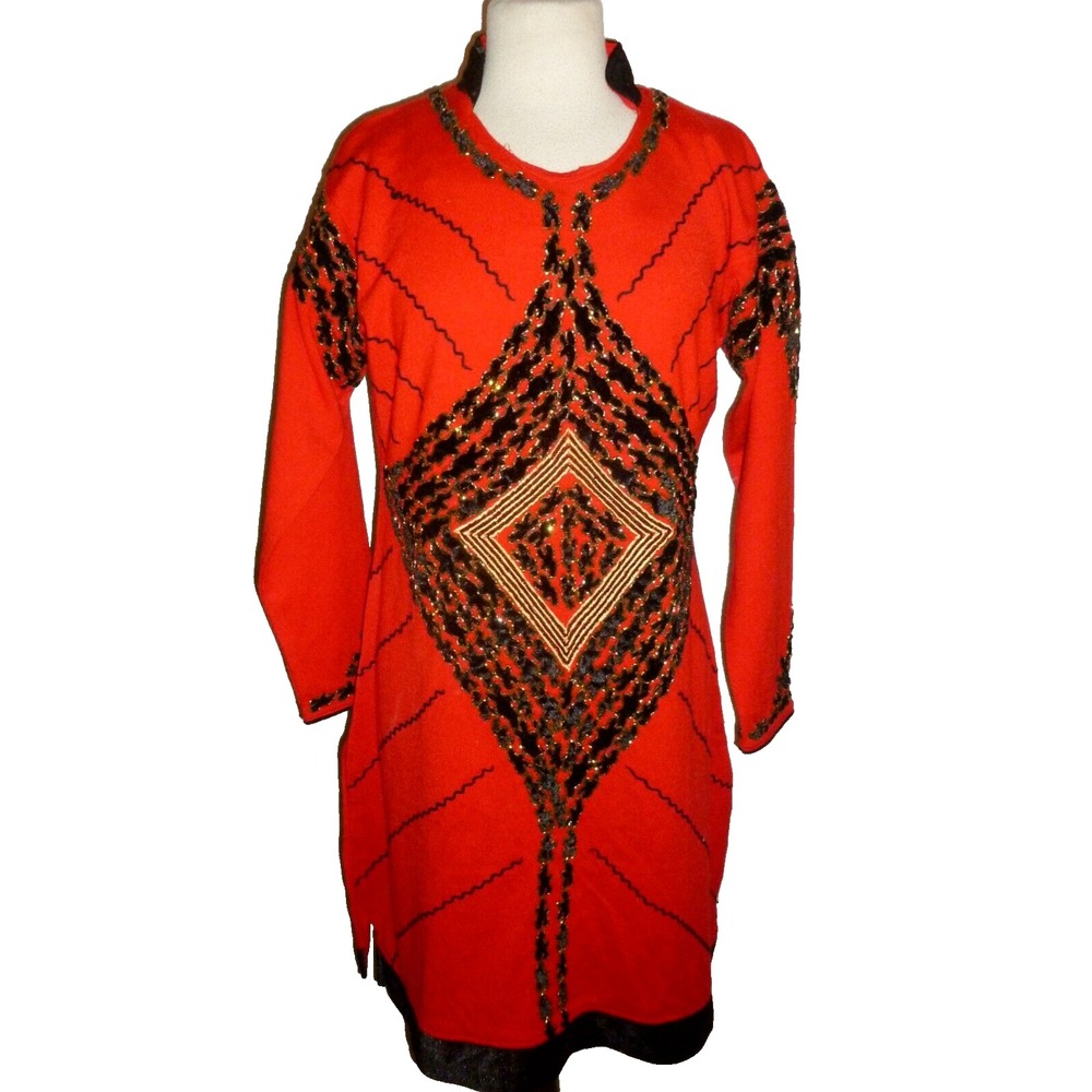 Vintage Red Knit Tunic Sweater Dress Black Velvet Gold Beaded Diamond Geometric
